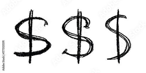 Set of hand drawn dollar currency symbol. Brush stroke doodle. Single element for design