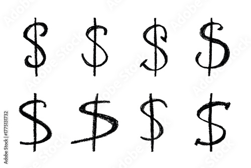 Set of hand drawn dollar currency symbol. Brush stroke doodle. Single element for design