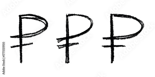 Set of hand drawn russian ruble currency symbol. Brush stroke doodle. Single element for design