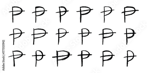 Set of hand drawn peseta currency symbol. Brush stroke doodle. Single element for design