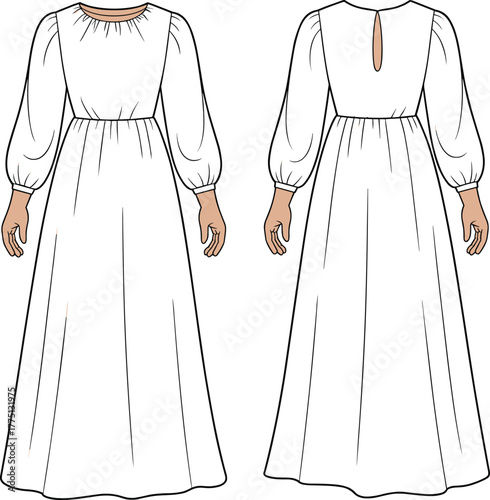 Elegant long sleeve gathered waist maxi dress, front and back view, fashion technical sketch, flat vector template illustration