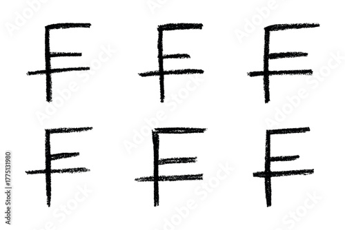Set of hand drawn swiss franc currency symbol. Brush stroke doodle. Single element for design