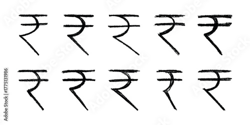 Set of hand drawn rupee currency symbol. Brush stroke doodle. Single element for design