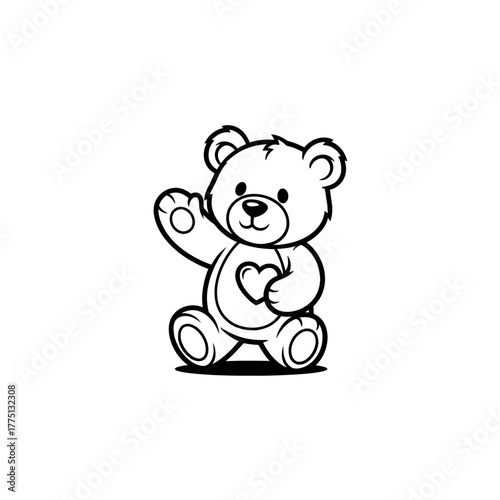 Approachable Mascot Logo of a Gentle Waving Teddy Bear Holding a Red Heart