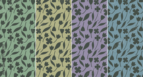 Muted botanical silhouette — minimal tossed seamless pattern for fashion apparel, stationery/decorative wrapping, home textiles, and decorative interior surfaces  — non-food-contact