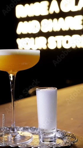 Shot glass filling with frothy cream on silver tray, delicate pour from bottle beside coupe, bold neon backdrop and luxurious presentation, theatrical bar ritual captured