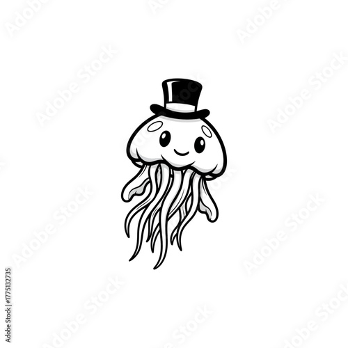 Whimsical Floating Jellyfish Mascot Logo Wearing a Top Hat, Avant Garde Character