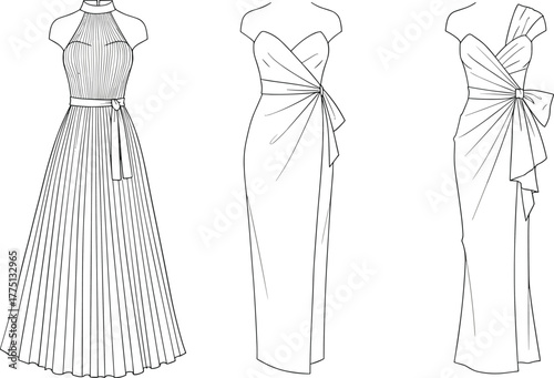 Elegant evening dress CAD fashion illustration, flat vector sketch, formal gown designs with detailed pleats and stylish bow elements