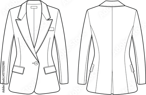 Women's tailored blazer vector, fashion flat sketch, front and back view, notched lapel, single button, princess seam, garment design illustration