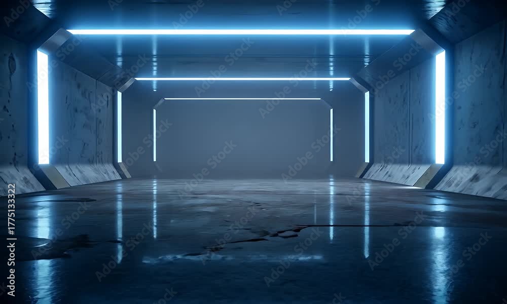 Futuristic abstract corridor with glowing neon blue and pink light lines reflecting on a wet textured floor creating a dramatic and atmospheric scene