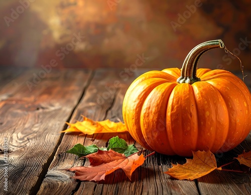 Autumnal pumpkin on rustic wood surface with fallen colorful leaves