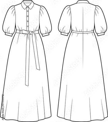 Flat fashion technical drawing of puff sleeve maxi dress with collar, waist tie belt, button front closure, CAD vector illustration