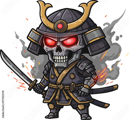 Skeleton samurai warrior in gold-accented armor with glowing red eyes and katana sword in smoky battle vector illustration
