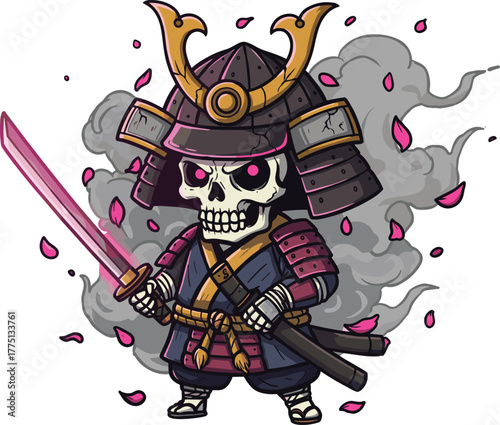 Skeleton samurai warrior with glowing pink eyes, dark armor, cherry blossom petals and mystical smoke in vector illustration