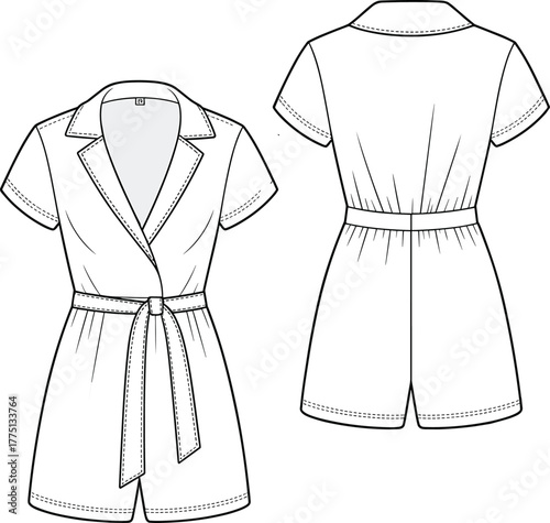 Flat fashion CAD sketch of belted short sleeve romper with lapel collar, tailored fit, front wrap closure, vector illustration drawing