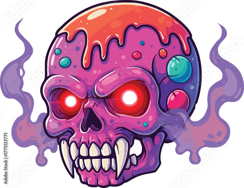 Surreal fantasy skull with glowing red eyes, melting goo, colorful orbs, and smoky background in vector style