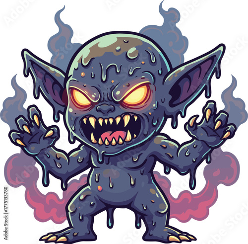 Terrifying cartoon monster with glowing eyes, sharp claws, and dripping slime in a dark fantasy horror background