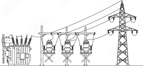 Electrical power substation transformer, circuit breakers, high voltage transmission tower, energy distribution grid, industrial electricity infrastructure vector illustration