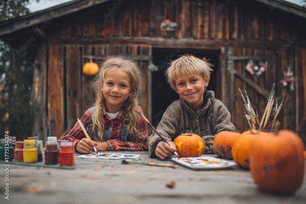 Fototapeta premium Children joyfully painting pumpkins outdoors, surrounded by autu