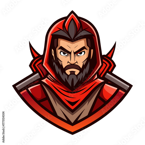 Swordsman Mascot Logo Vector, Flat Esport Emblem Design with Dark Brown and Red Fills, Thick Outlines and Minimal Shading, Transparent Background

