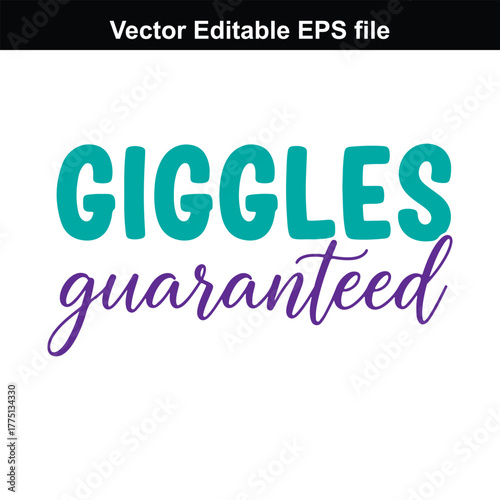 Giggles guaranteed text, teal and purple bubble lettering and script font