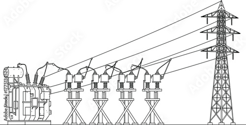 Electrical power substation, high voltage transformer, circuit breakers, transmission tower, energy grid infrastructure, industrial electricity distribution design