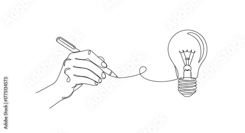 Hand drawing a light bulb with a pen in minimalist style  