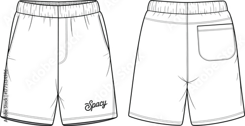 Flat cad vector illustration of casual elastic waist shorts with logo print, back pocket, side seam pockets, fashion template