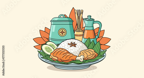 A stylized illustration of a plate of food with accompaniments and vibrant colors