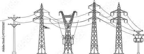Electric power transmission towers and utility poles with transformers, vector illustration, high voltage grid infrastructure, industrial engineering drawing