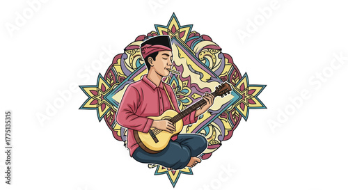 A musician plays guitar, seated within an ornate, colorful mandala-like design