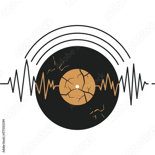 Cracked Vinyl Record with Sound Waves Illustration music audio broken damage vintage retro old noise frequency