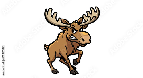 A cartoon-style moose in a running pose, with an angry facial expression. It has large antlers