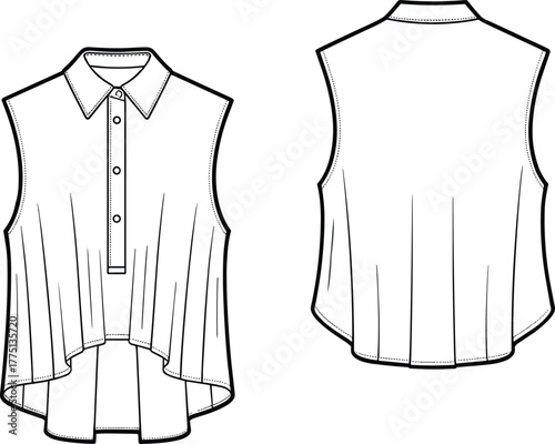 Flat fashion technical sketch of sleeveless shirt blouse with collar, button placket, high-low hem design, stylish casual top, CAD vector illustration