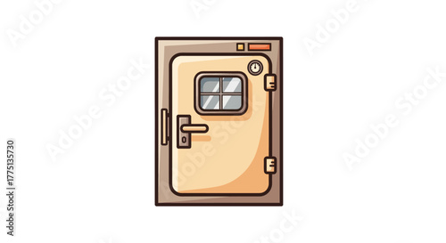 Cartoon illustration of a sturdy tan door with window, gauge, and hardware