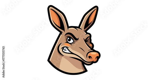 A winking, snarling mammal head cartoon with long ears, brown fur, and a black outline