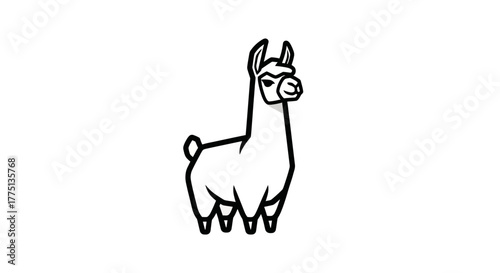Black-outlined cartoon llama facing right on white background. Simple design with geometric shapes