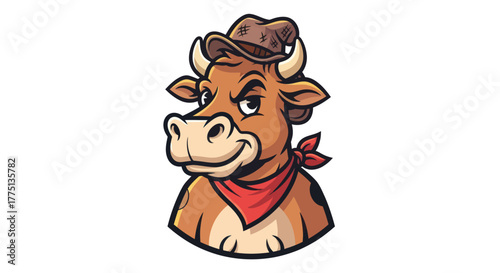 A cartoon cow wearing a cowboy hat and a red bandana smiles against a white background