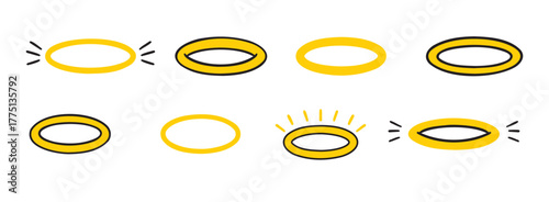 angels halo, nimbus doodle icon set. vector flat icon design yellow halo on white background. logo template halo element religion theme.