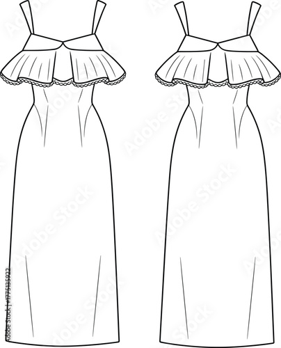 Fashion dress technical sketch with ruffle bodice and spaghetti straps, detailed CAD drawing flat vector illustration for clothing design template