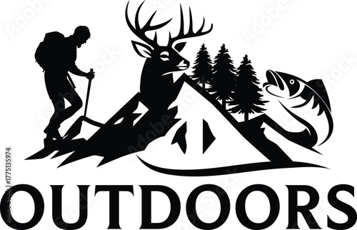 Hunting logo with deer, fishing and man in the forest