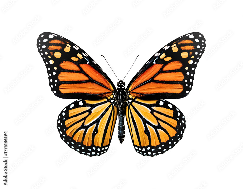 Obraz premium Monarch Butterfly in its Splendor: A captivating, top-down perspective captures the breathtaking details of a monarch butterfly, a symbol of transformation. Its wings.