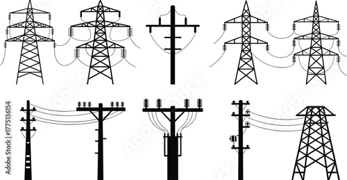 Electric power transmission towers and utility poles, black silhouette vector set, high voltage lines, electricity distribution grid illustration