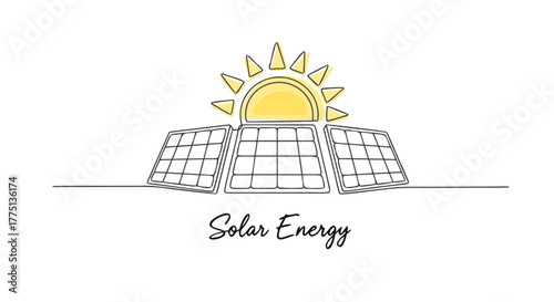 One continuous line illustration of solar panels with the sun, representing solar energy in a 6
