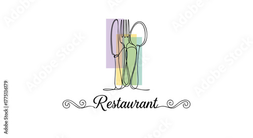 one continuous line drawing of a fork and spoon, abstract restaurant logo design