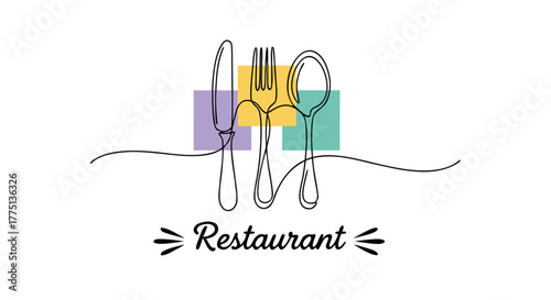 One line continuous drawing of fork, knife, and spoon, symbolizing a restaurant with abstract color blocks in the background