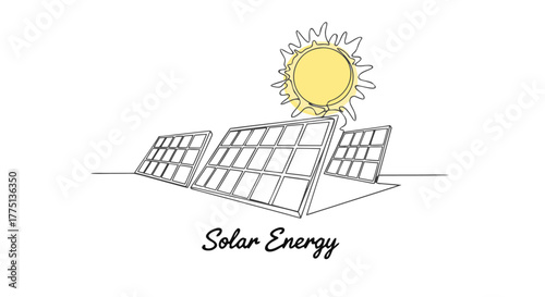 A modern one continuous line art drawing of solar panels for renewable energy. Minimalist illustration of sustainable sun power technology