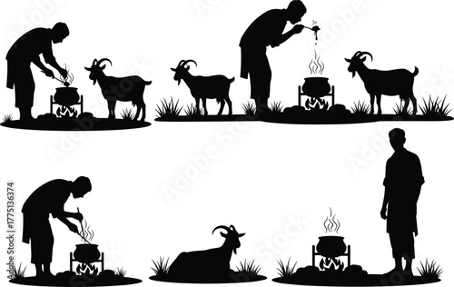 Man cooking outdoors with goat silhouettes, campfire cooking scene, rural lifestyle illustration, farmer boiling pot, countryside life vector art, silhouette design