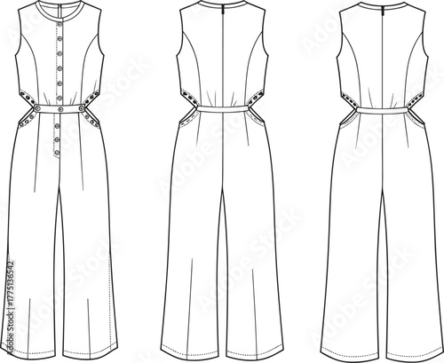 Fashion technical sketch of women’s sleeveless jumpsuit with side cutout detail, front buttons, wide leg, cad drawing flat vector illustration