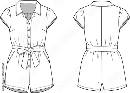 Fashion flat sketch of women’s button front romper with short sleeves, waist belt, pockets, front and back technical illustration